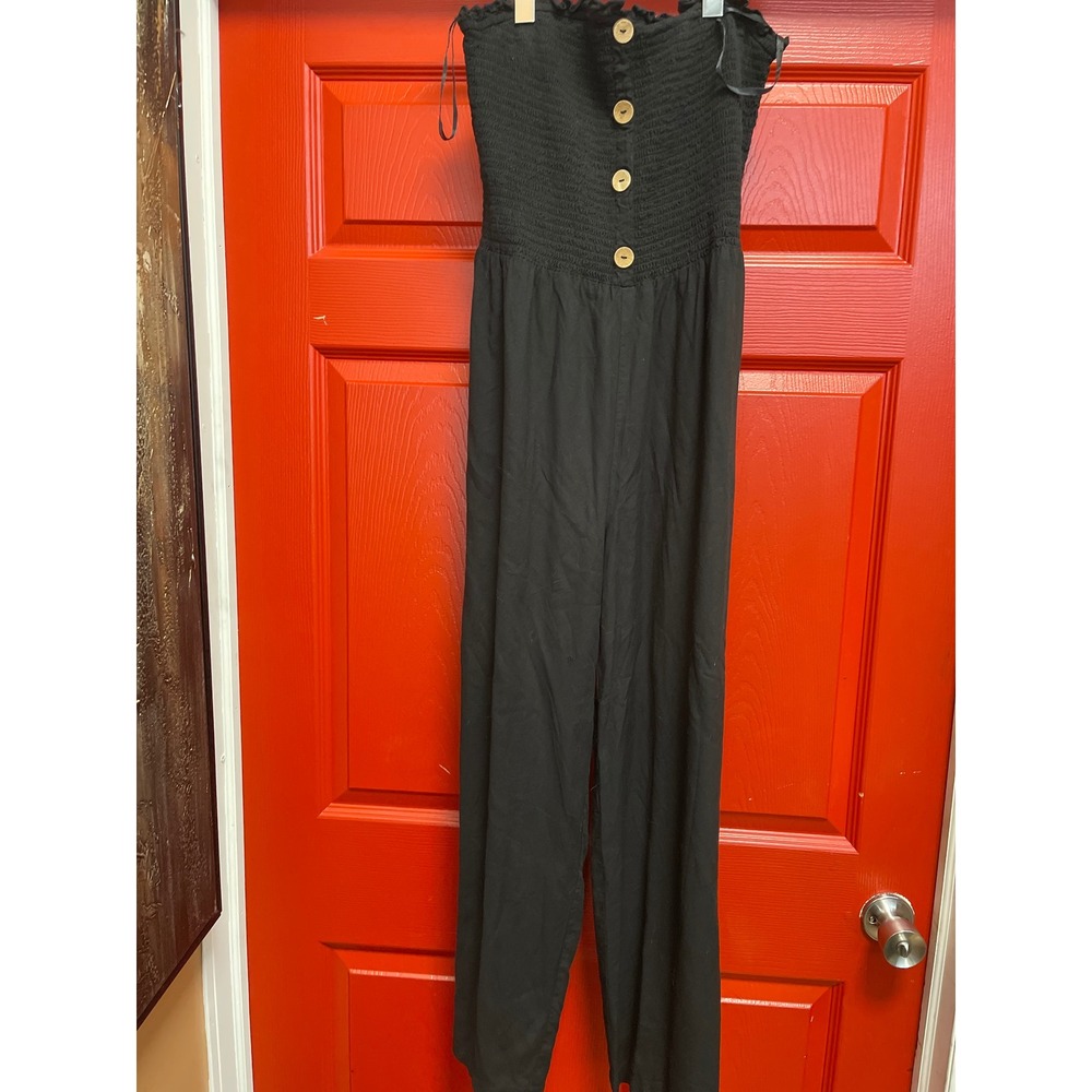 Nation AK Outfits Black Smocked Strapless Wide Leg Jumpsuit with Pockets Size M